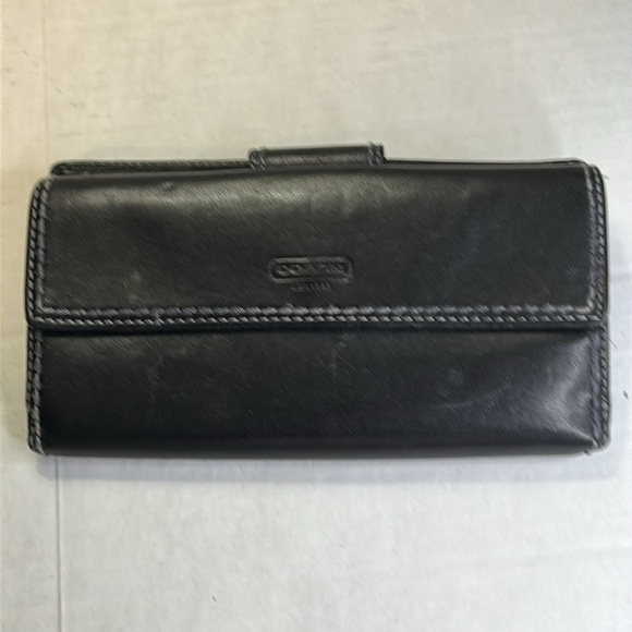 COACH BLACK LEATHER VINTAGE TURN LOCK CLOSURE STITCHED WALLET - Picture 3 of 16